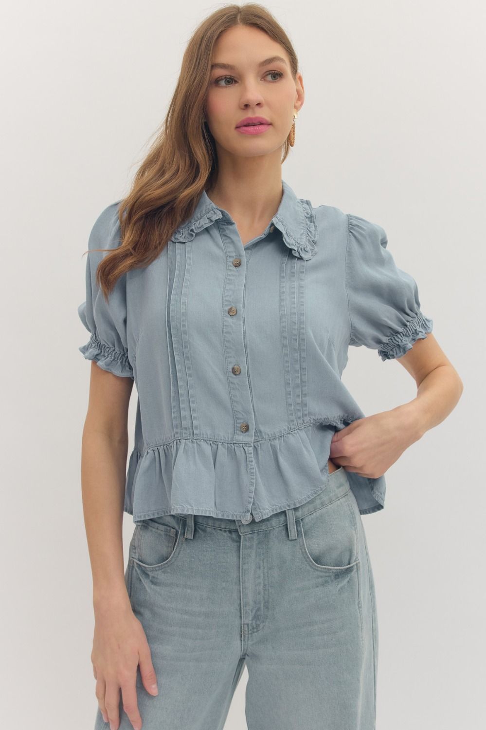 Solid puff short sleeve peplum top