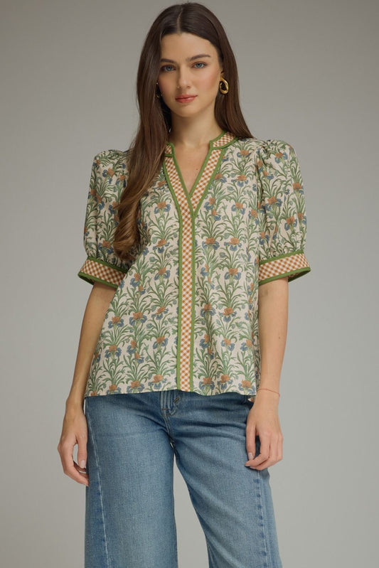 Floral print short puff sleeve top