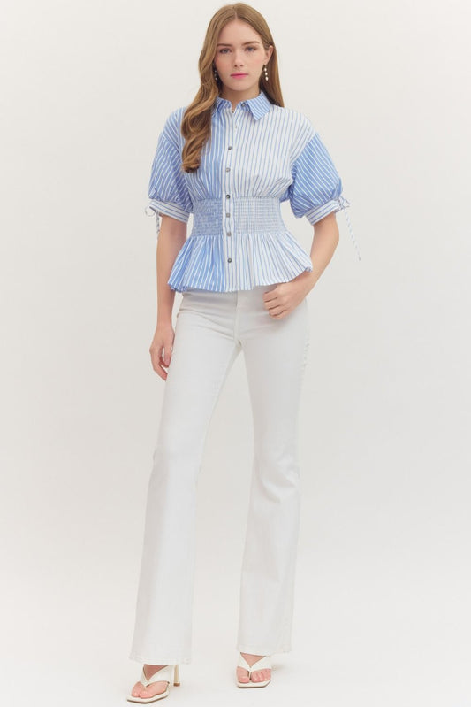 Striped short puff sleeve peplum top featuring smocked waist