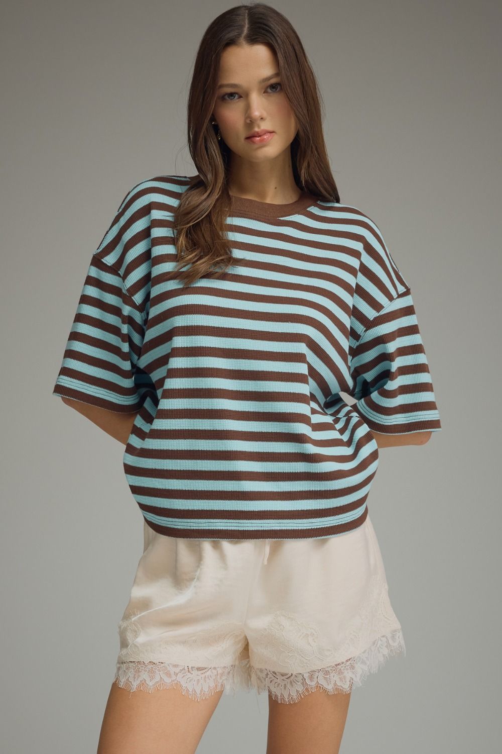 Striped short sleeve top featuring ribbed texture