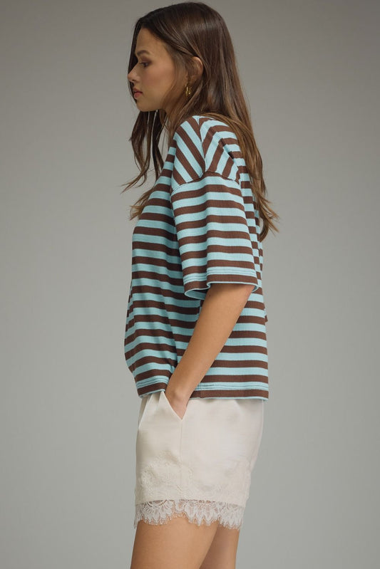 Striped short sleeve top featuring ribbed texture
