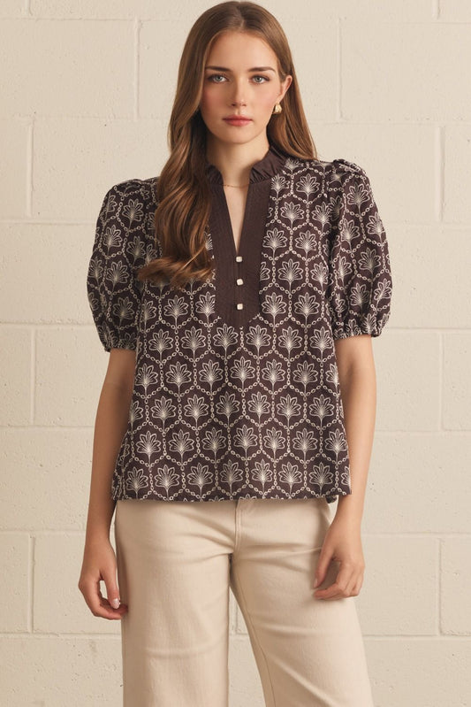 Embroidered short puff sleeve top