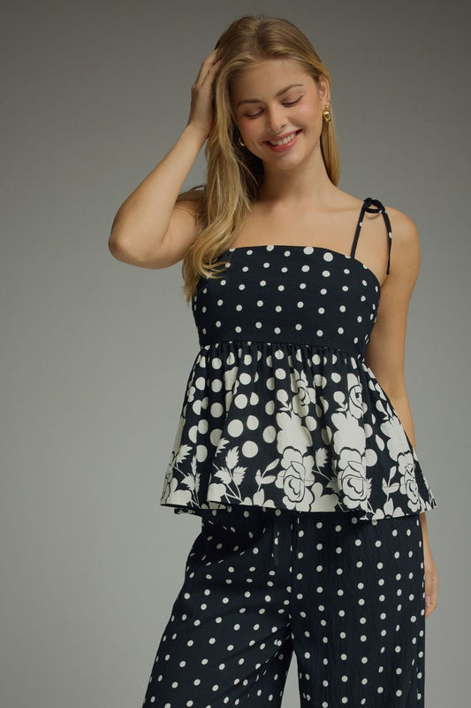 Polka dot self-tie sleeveless top