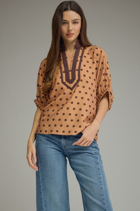 Polka dot short dolman sleeve top