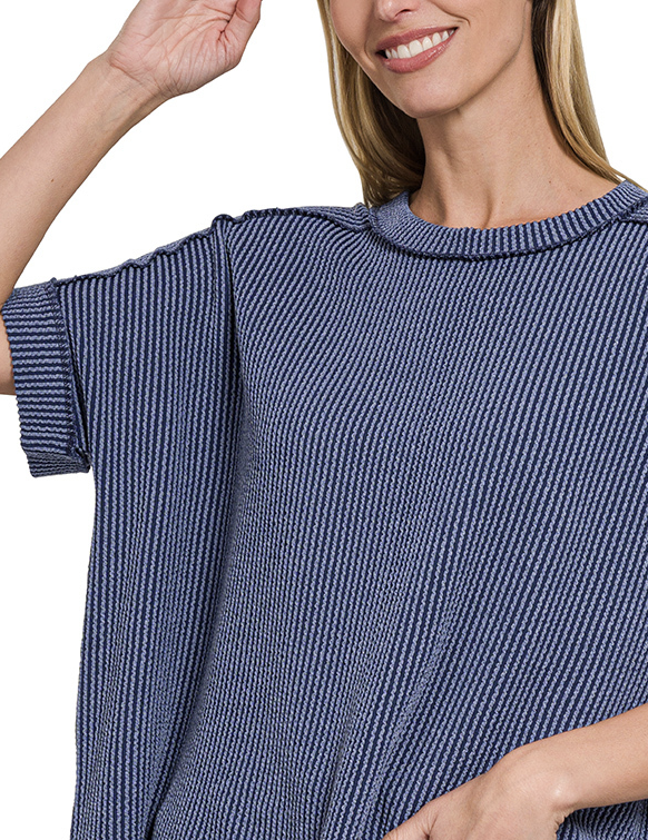 Raised rib cuff sleeve raw edge top short sleeve