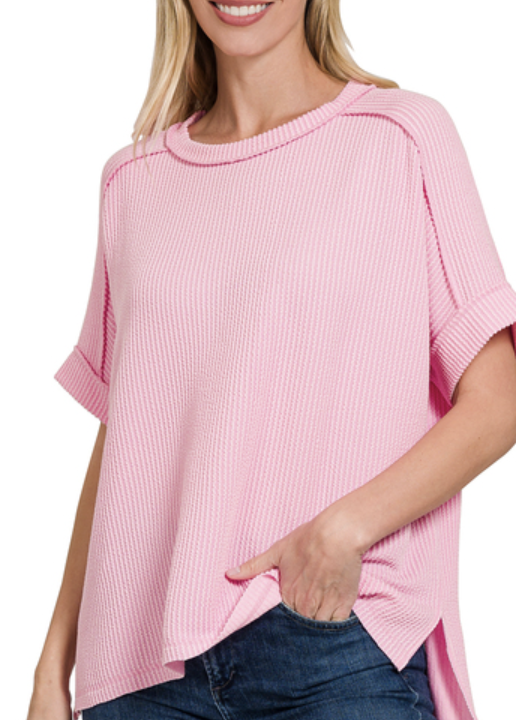 Raised rib cuff sleeve raw edge top short sleeve