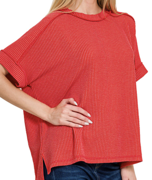 Raised rib cuff sleeve raw edge top short sleeve